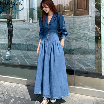 

2020 Spring Korean Blue Denim Long Maxi Dress Women Full Sleeve Notched Collar Singel Breasted Dresses A-line Plleated Vestidos