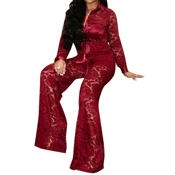 

2019 Women Lace Sexy Matching Sets Front Button Full Sleeve Hollow Our Sashes Bandage Top Wide Legs Outfits Black Club 2PCS Suit