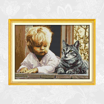 

The boy and cat Printed on Canvas Cross Stitch kits DMC 14CT 11CT Embroidery Needlework Sets Handmade Crafts Home Decoration