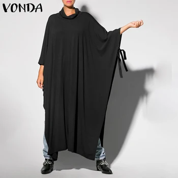 

VONDA Women Bat-Sleeve Loose Shirts Casual Heaps Collar Split Hem Long Blouse Plus Size Bohemian Autumn Blusas Femme Tops S-5XL