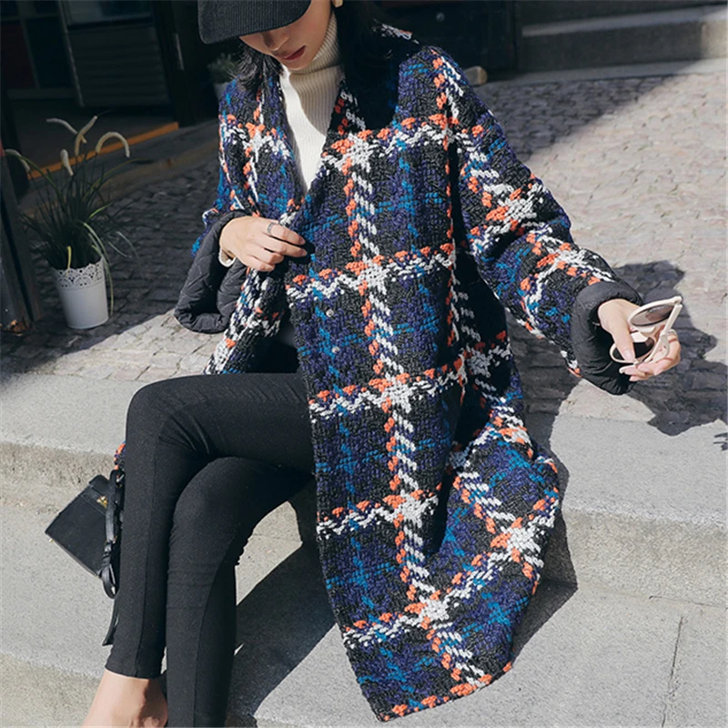 Plaid woolen Coat Women Fashion Winter New Long Retro Parka flavor Loose Thick woolen cashmere Jacket Female W236