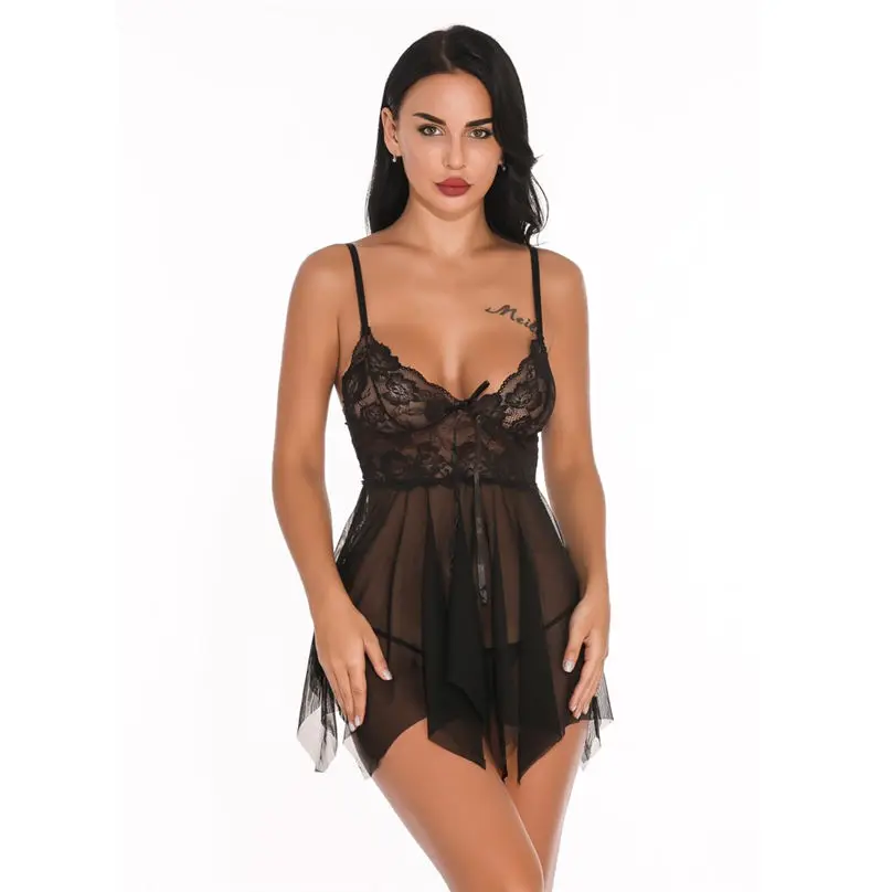 1 Set Sexy Lingerie for Women Erotic Transparent Babydoll Lace V Neck Mesh Sleepwear Dress Lingerie сексуальное белье 3Y29 (11)