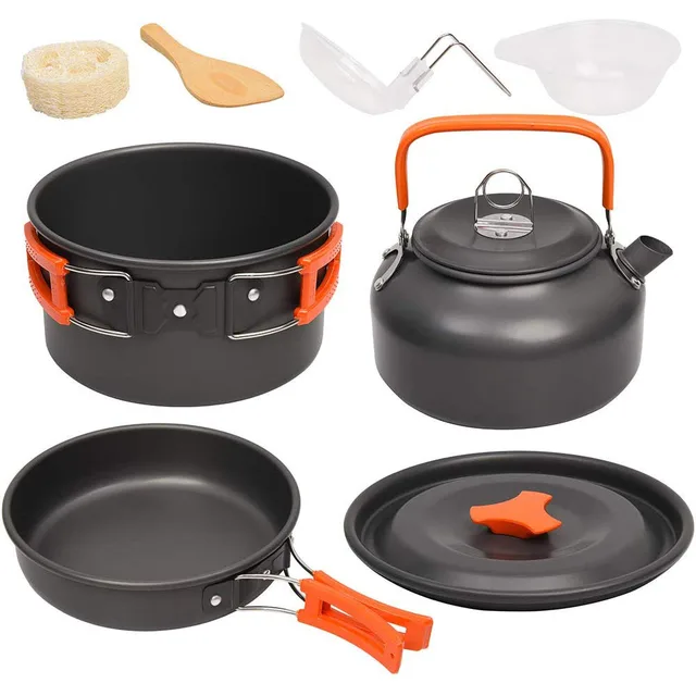 US $8.67 Camping Cookware Kit Outdoor Aluminum Cooking Set Water Kettle Pan Pot Travelling Hiking Picnic BBQ