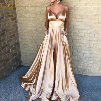 

BeryLove Simple Champagne Elegant Evening Dress 2020 Spaghetti Straps Gown V neck Formal On Sale Party Dress Plain Prom Dress