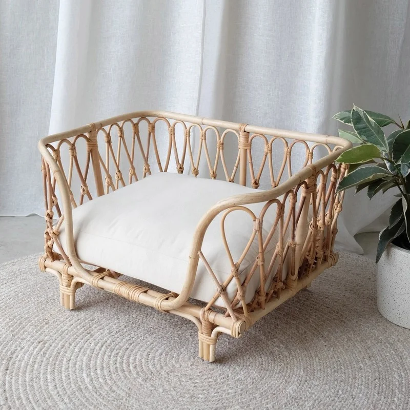 Handmade Natural Rattan Woven Pet Bed Dog Sofa Chair Cat Princess Small