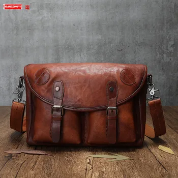 

Men's Handbag Casual Briefcase Shoulder Messenger Bag Retro Messenger Bags British Style Cowhide Vegetable Tanned Leather Soft