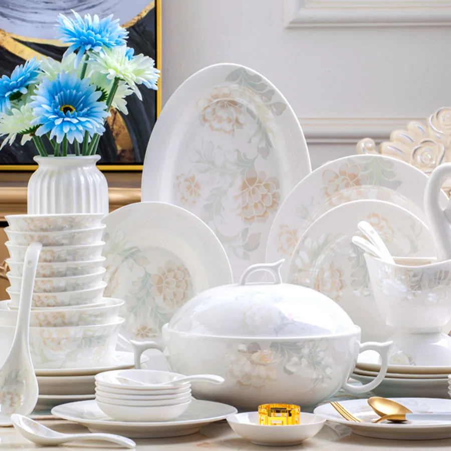 60 Heads Jingdezhen ceramics Dinner Dish Rice Salad Noodles Bowl home dish soup bowl taste dish rice bowl Pot Dinnerware Sets