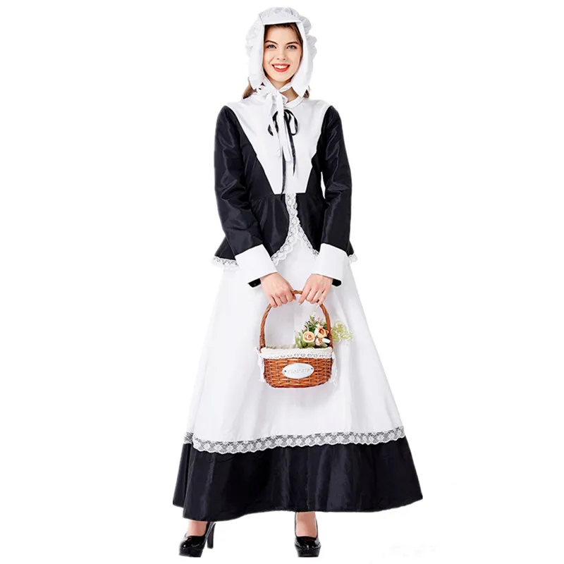 

Women Medieval French Maid Long Dress Set Halloween Cosplay Manor Housekeeper Farm Maid Fancy Dress M-XL