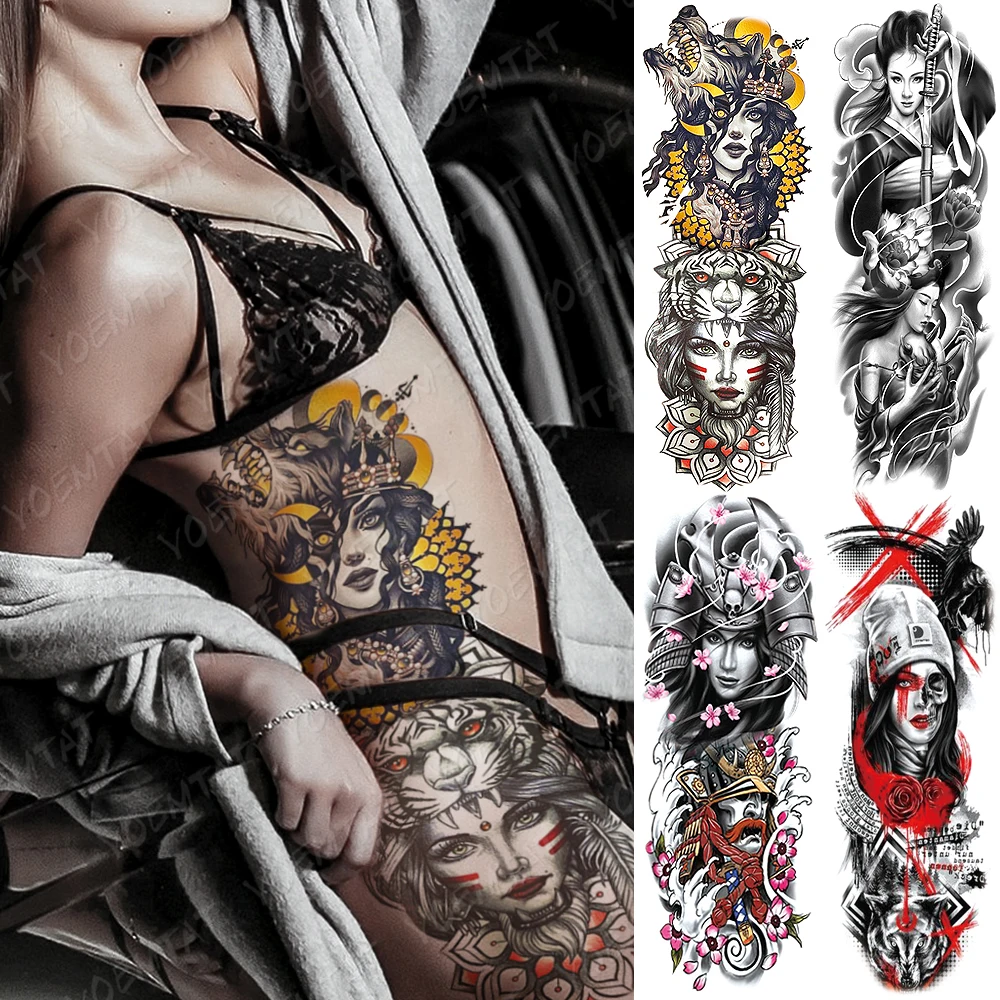 Large Arm Sleeve Tattoo Beast Girl Waterproof Temporary Tatto Sticker Wolf Geisha Waist Leg Body Art Full Fake Tattoos Women Men | Красота и