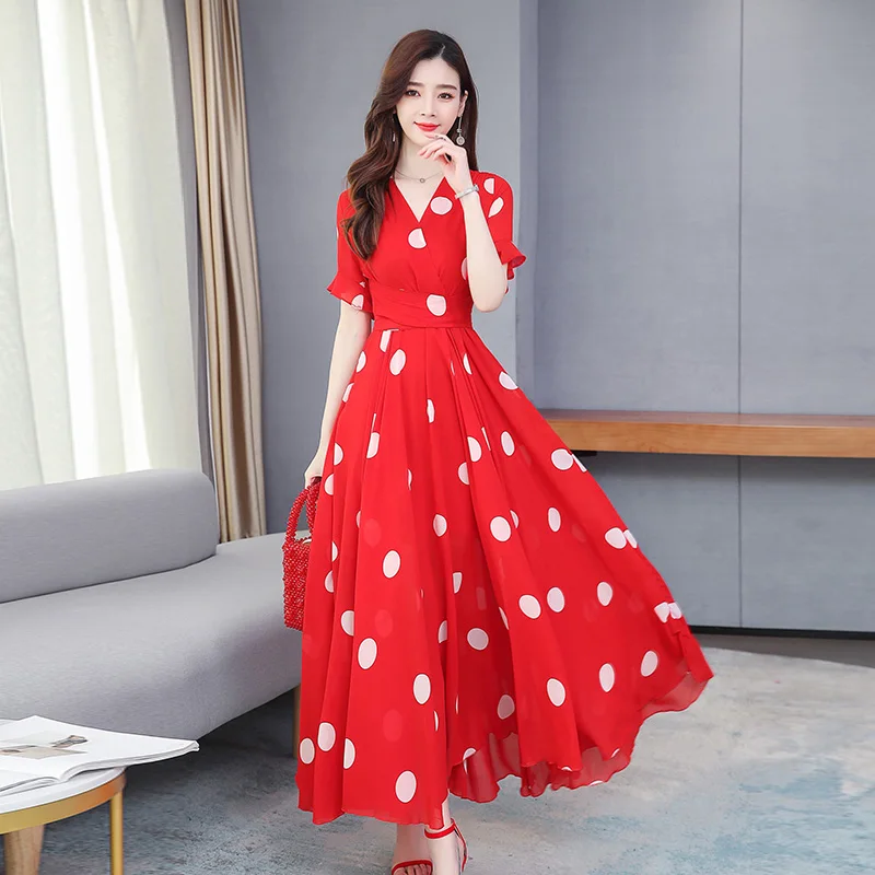 Black White Red Polka Dot Maxi Dress Women Summer Holiday Chiffon Dress V-neck Waist Elegant Swing Boho Dress - Dresses AliExpress