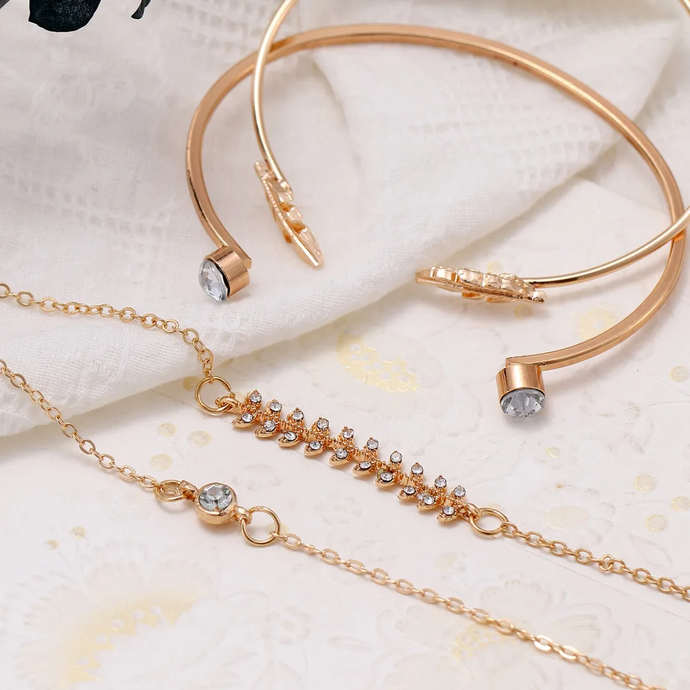 Минималистский 4 Sets/Pcs с украшением в виде кристаллов Циркон заполненный листья бусины Браслеты для Для женщин в богемном стиле, в стиле «панк» для девочек раздавить золото Цвет цепи ювелирные изделия