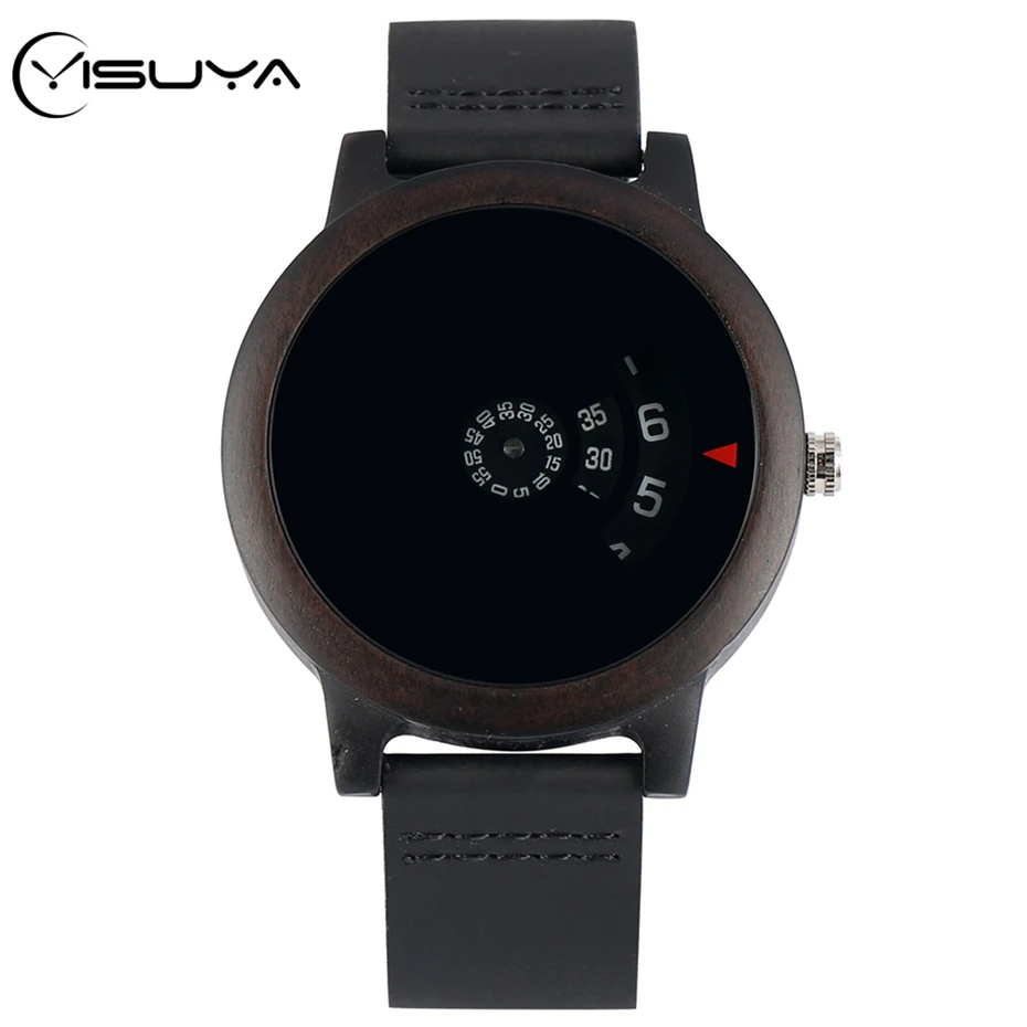 

YISUYA Minimalist Turntable Wood Watch Unique Fan-shaped Dial Art Design Wooden Watch Quartz Leather Band Male Wristwatch reloj