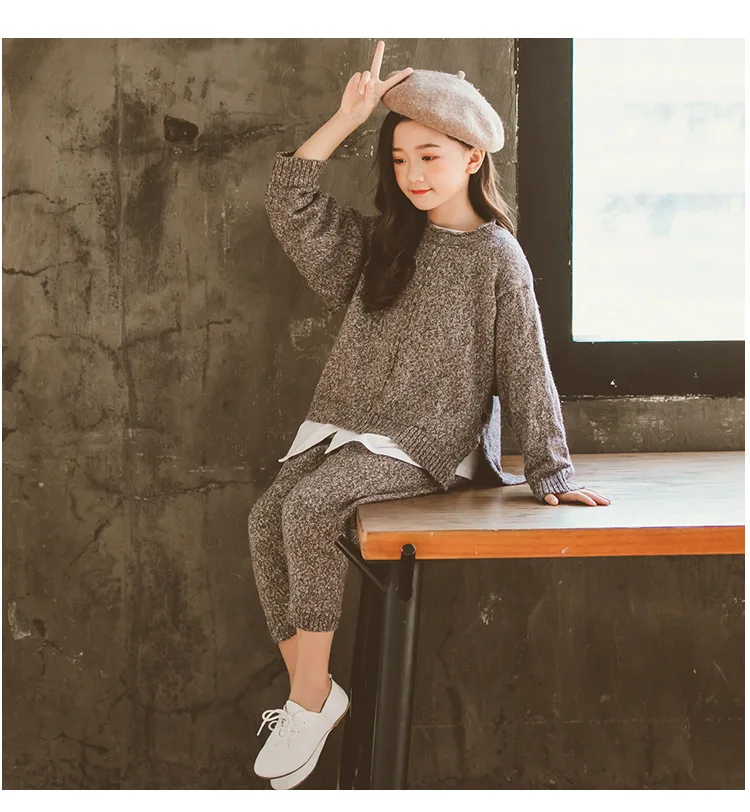 2pcs Knit Set Back To School Clothing Girls Autumn Winter Two Pieces Sets Girl Suit Knitted Sweater And Knitting Pants Fashion (12)