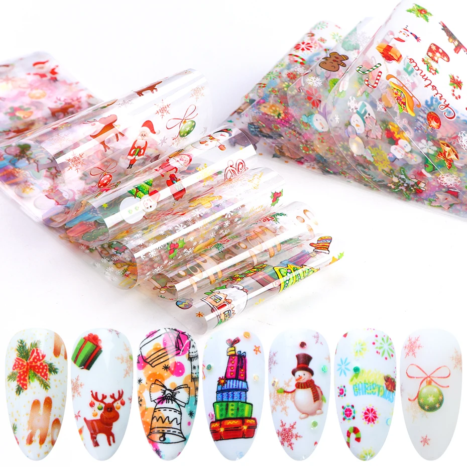 10 шт рождественские наклейки для ногтей Снежинка Санта Лось Переводные фольга слайдеры клейкие наклейки для ногтей маникюр обертывания SAXK9126-1