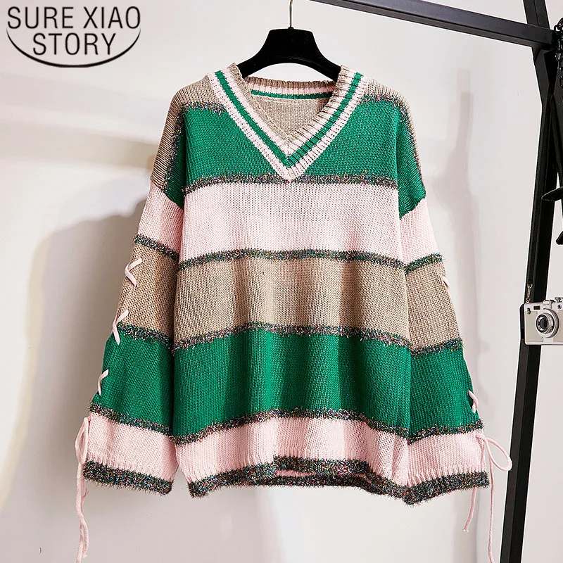 

2019 Winter Fashion Women Sweater Long Sleeve V-neck Knitted Sweater Casual Striped Loose Pullover Sweaters Women 6401 50