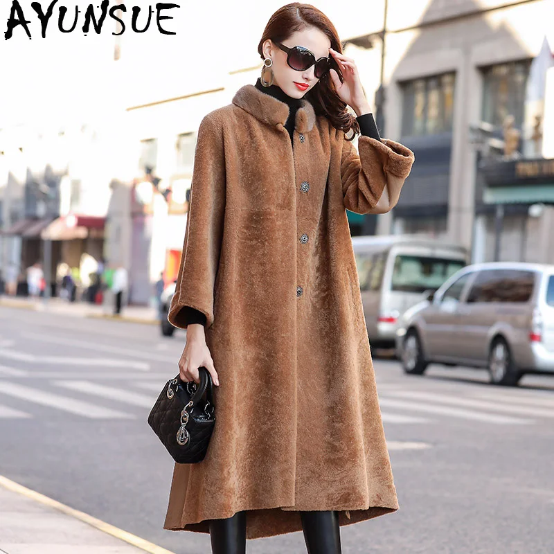 

AYUNSUE Winter Coat Women Double Faced Real Fur Coat Female Luxury Wool Fur Jacket Women Mink Fur Collar Warm Long Coats MY4407