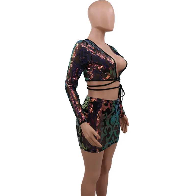 Adogirl Gorgeous Floral Sequins Sheer Mesh Two Piece Set Night Club Dress Wrap V Neck Long Sleeve Crop Top Bodycon Mini Skirt