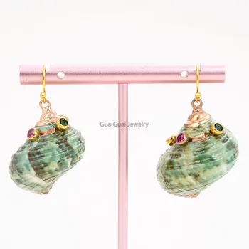 

GG Jewelry Green Sea shell Spiral Cz pave Gold Plated Dangle Hook Earrings