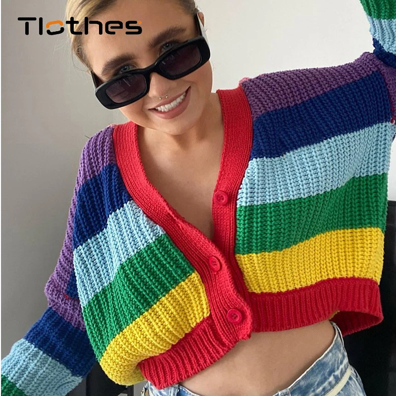 

Chic Cardigan Knitted Casual Rainbow Sweater Women Cropped Autumn Winter V-neck Long Sleeeve Striped Knit Jumpers Crop Sweaters