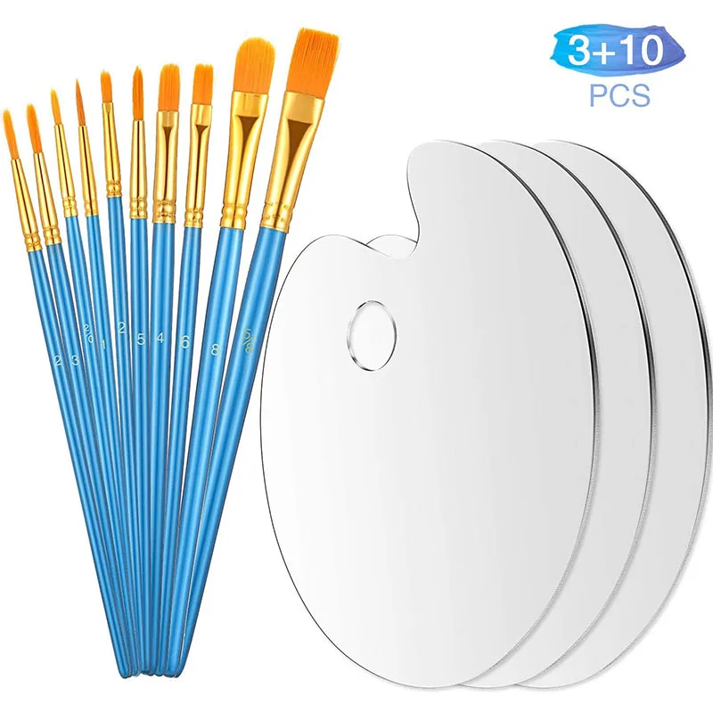 3pcs Acrylic Palette 10pcs Paint Brushes Set Professional Round Tip Flat Nylon Hair Art Paintbrush Kit for Canvas Watercolor