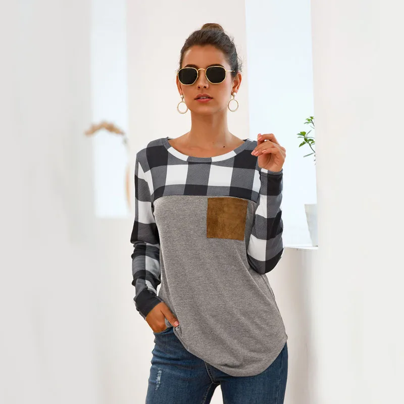 

2019 Women Casual Plaid Patchwork Shirt Spring Long Sleeve O-Neck Basic Tops Pocket Blouses