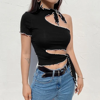 

Artsu 2020 One Shoulder Halter Crop Tops T Shirt Women Frill Cut Out Sexy T-shirt Ladies Tie Up Skinny Tee Shirt Summer AS41235