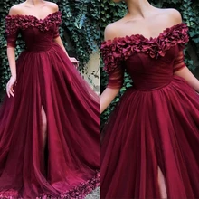 Бордовые вечерние платья с объемным цветком, длинные, с разрезом, с вырезом лодочкой, с половинным рукавом, с цветком, Hemline вечерние платья, элегантные вечерние платья для женщин