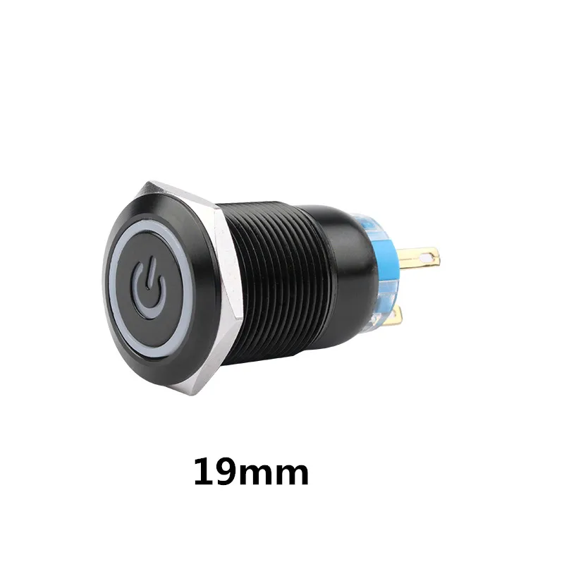 19 мм светодиодный алюминиевый черный индикатор питания Кнопка без фиксации водонепроницаемый мгновенный переключатель с фиксацией