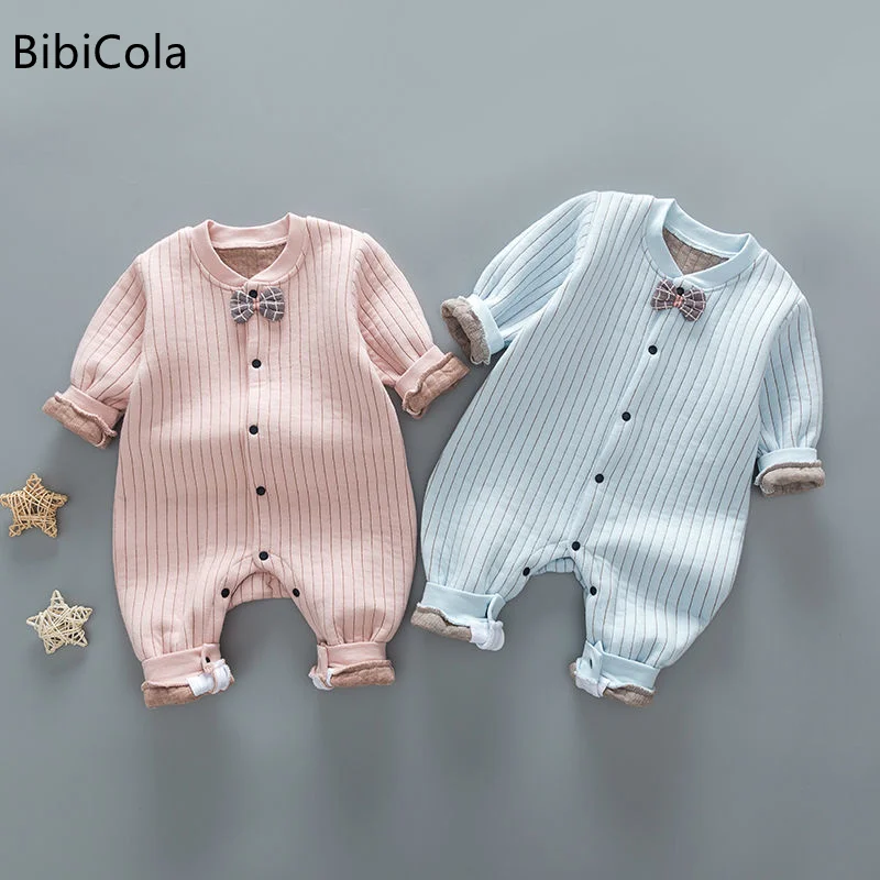 

Baby onesies for boys and girls baby autumn and winter warm romper newborn vertical striped open file bow tie romper pajamas