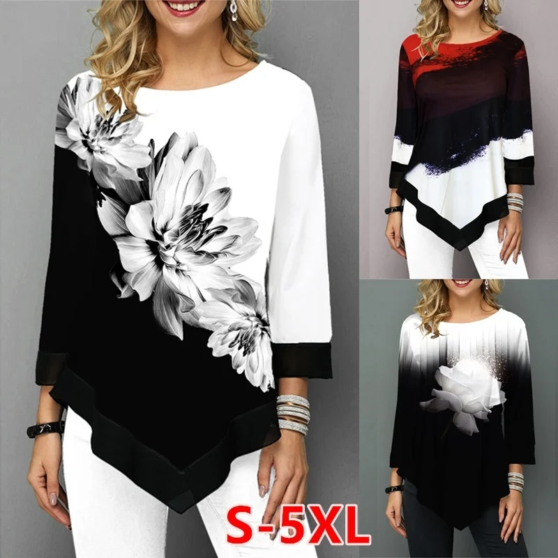 

Women's Fashion Autumn Shirts Gradual Printed Blouses 3/4 Sleeve Irregular Hem Round Neck Casual T Shirts women shirts