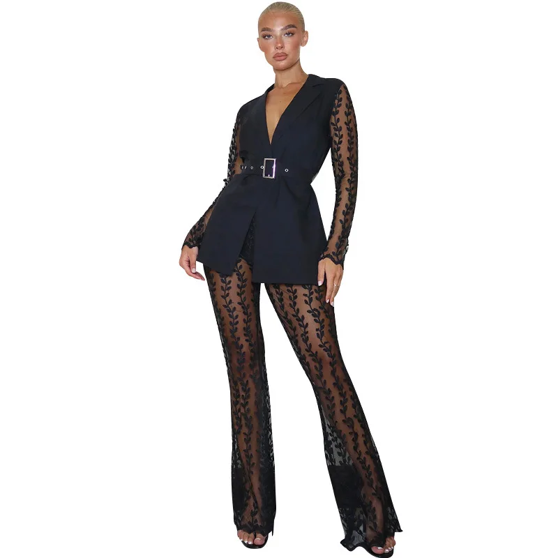 BaQGW Mesh Lace See Through Office Lady Two Piece Set Autum Long Sleeve Jacket Wide Leg Pants Matching Sets Overalls with Belt plus size formal pant suits