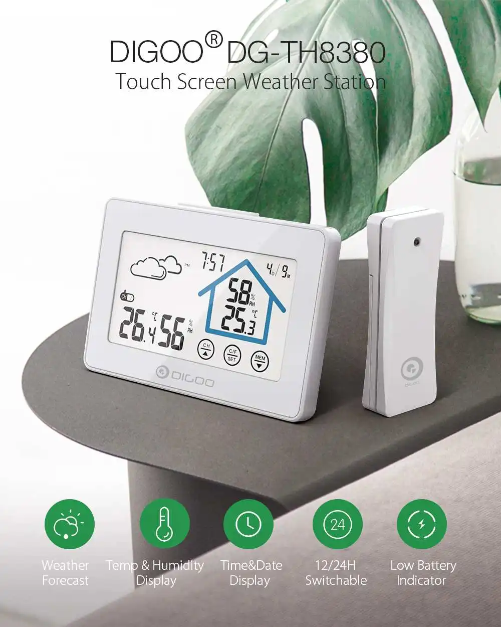 DIGOO DG-TH8380, метеостанция с сенсорным экраном, ежедневные часы, будильник с низкой батареей, термометр, гигрометр, датчик температуры и влажности