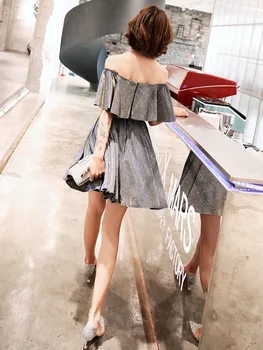 

New Women Formal Shinny Dress Summer Prom Off Shoulder Party Wedding Gown Short Sleeve Short Mini Dresses Silver