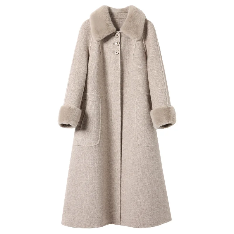 

Winter Coat Women 300% Wool Coat Female Mink Fur Collar Double Side Coats Korean Long Jacket Manteau Femme MY4553
