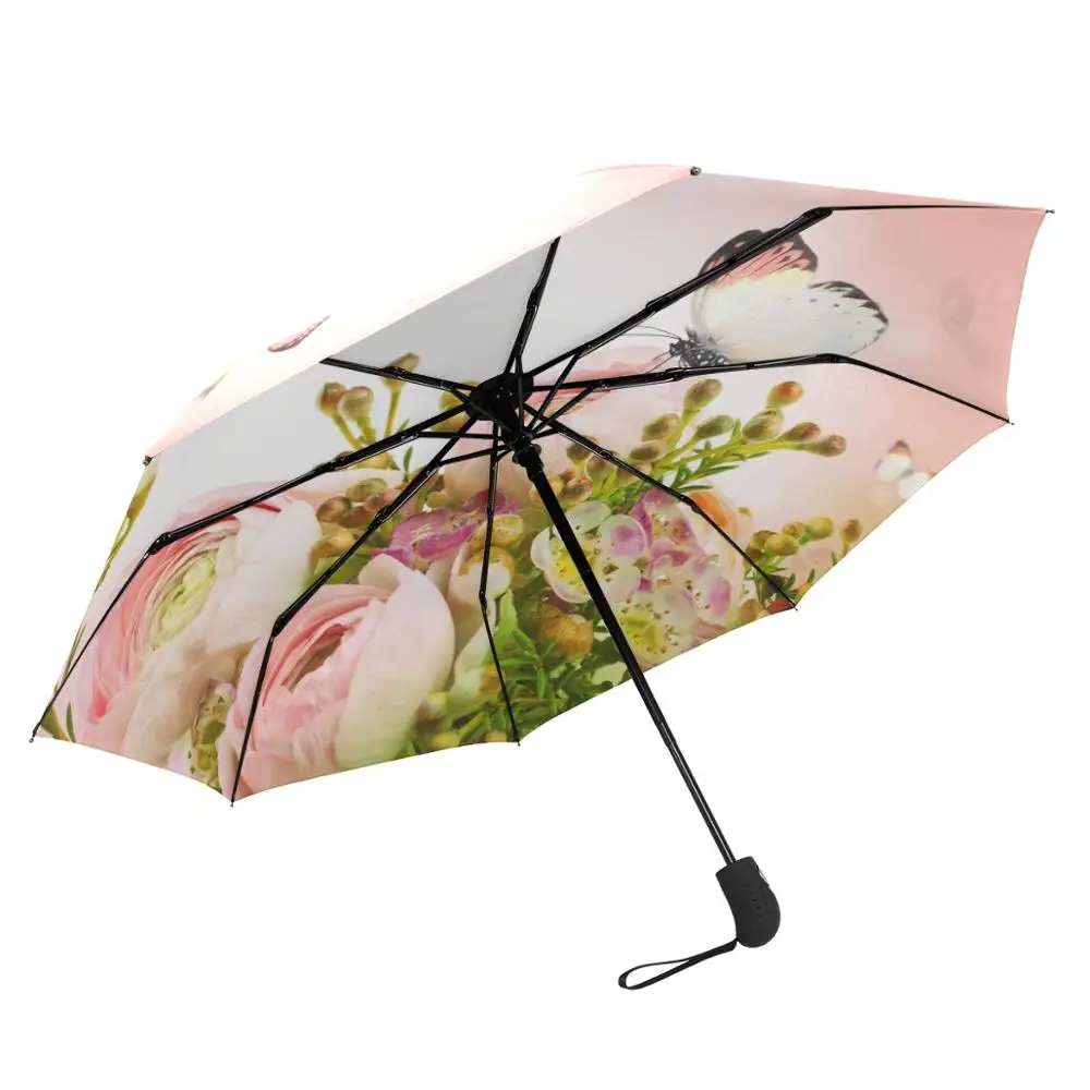 Beautiful Pink Roses and Butterfly Umbrella Rain Women Gift Three Folding Umbrellas Windproof Automatic Portable Travel Umbrella