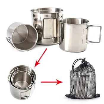 

4 Pcs Space Saving Picnic Convenient Stainless Steel Folding Cup Set Multifunction Bowl Heat Resistant Cooking Hiking Camping