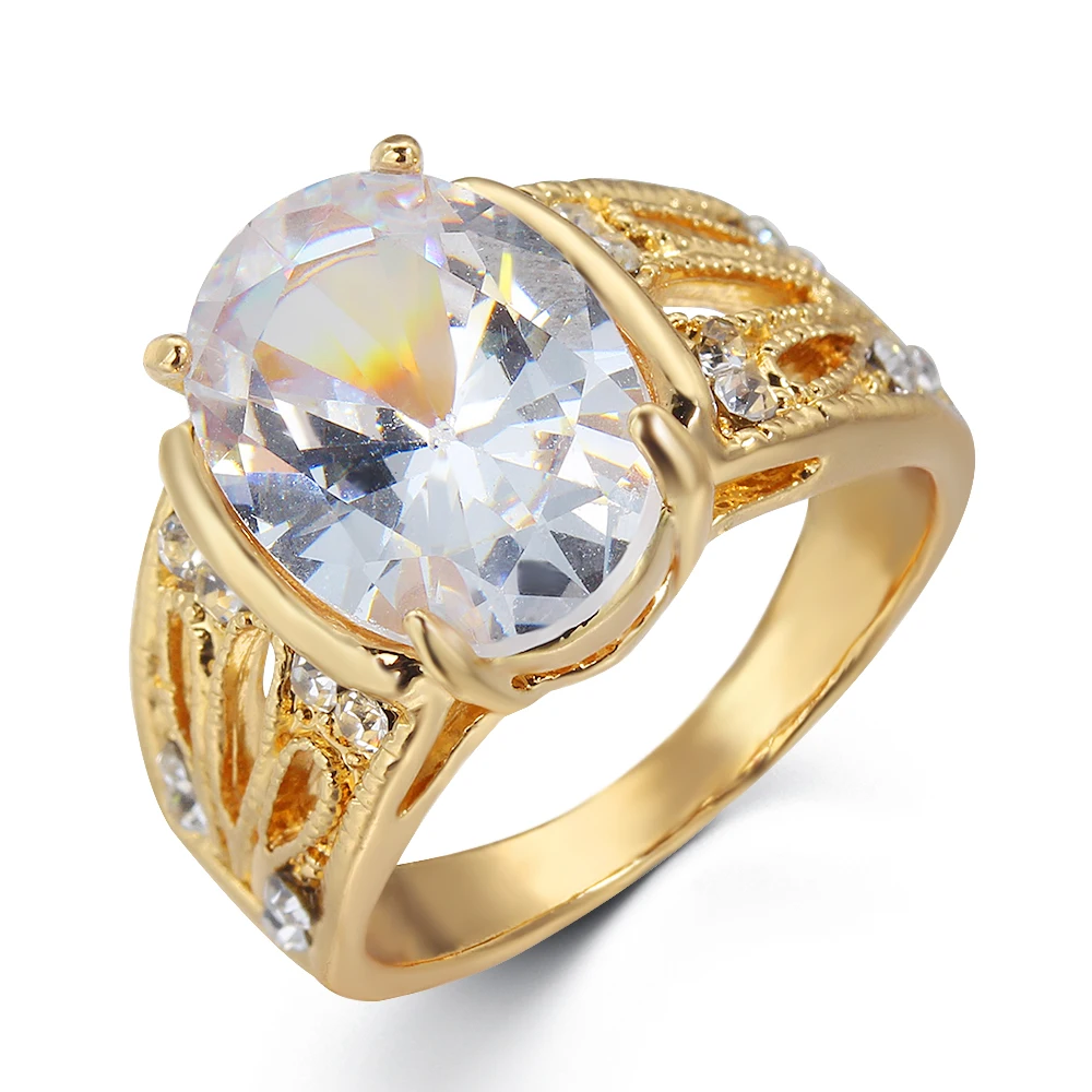 Anillo de compromiso de circonita grande transparente Ovalada para mujer, sortija clásica tallada de oro, regalo de aniversario