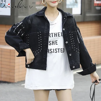 

Autumn Winter Korean Clothes Denim Jacket Loose Shiny Rivet Beads Streetwear Women Coat Vintage Cowboy Outerwear Tops Hot C07305