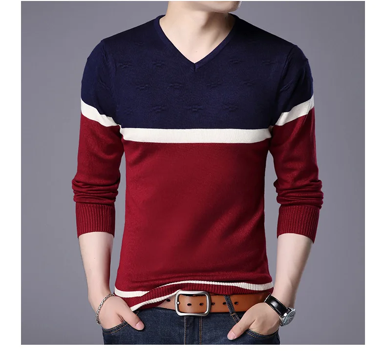 Мужская трикотажная одежда с круглым вырезом, мягкий облегающий свитер с круглым вырезом, контрастный цвет, в полоску, вязаный пуловер, свитер