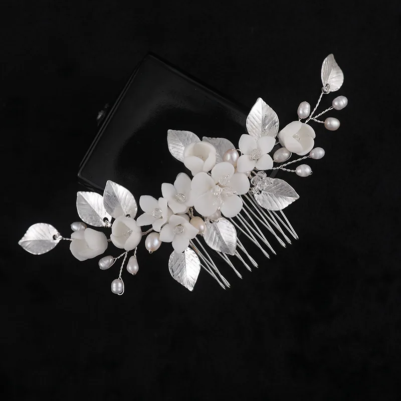 Floralbride Alloy Leaf Crystal Rhinestone Ceram Flower Freshwater Pearls Bridal Hair Comb Wedding Hair Accessories Women Jewelry
