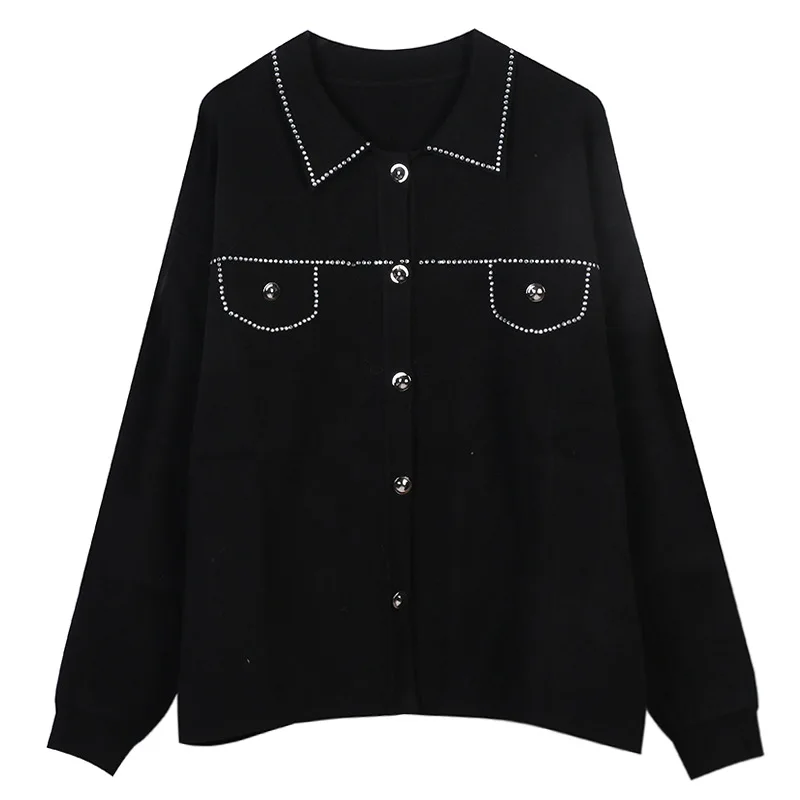 

Women's Knitted Jacket 2020 Brand Designer turn donw collar Single Breasted Diamond Beaded white/Black Sweater Cardigan Coat