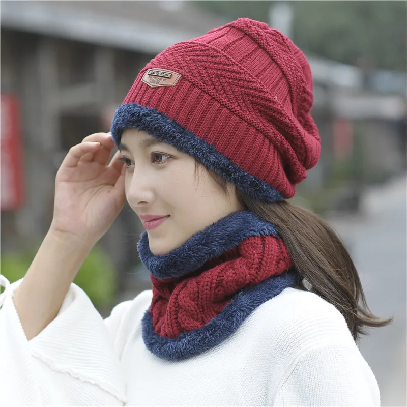 Women Scarf Hat Sets Ma'am Wool Hat Windbreak Knitting Hat Warm Increase Cashmere Thickness Scarf Integral Triangle Mark Set Hat