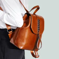 Натуральная кожа Винтаж масло воск Для женщин рюкзак с цепочкой большие Ёмкость путешествия школьная сумка рюкзак для девочек-подростков