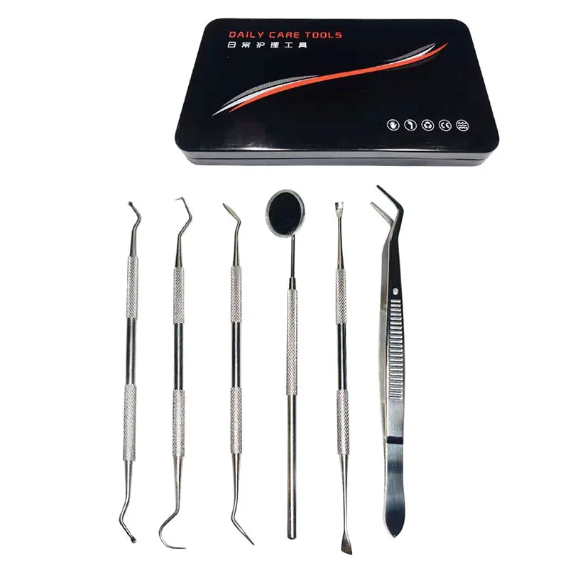 

6 pcs/kit Teeth Cleaning Tools Stainless Steel Dental Scraper Probe Hygiene Set Mouth Mirror Tweezers Dentist Family Oral Care
