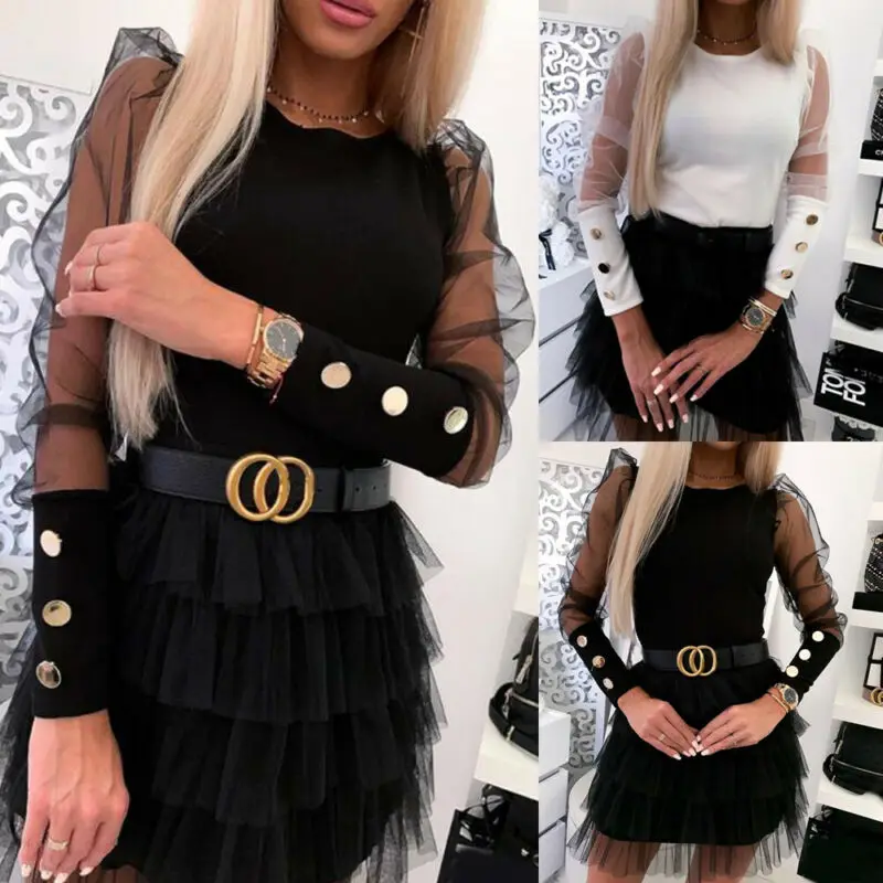 Women Mesh Puff Long Sheer Sleeve Tops Pullover Blouse Shirts Casual Party Club Back Buttons OL Office Casual Blouse