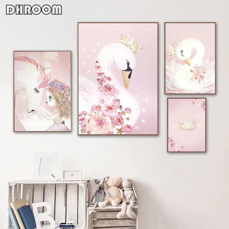 

Pink Art Nursery Decor Canvas Painting Crown for Swan Princess Print Modern Wall Art Poster Kids Room Blush Gold Nursery Decor