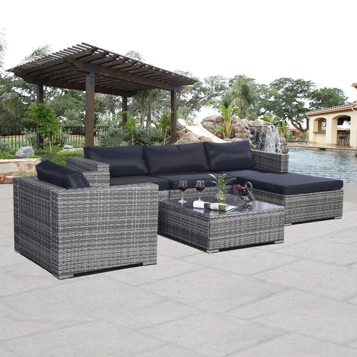 

Costway 6pc Patio Sofa Furniture Set Pe Rattan Couch Outdoor Cushioned Gray