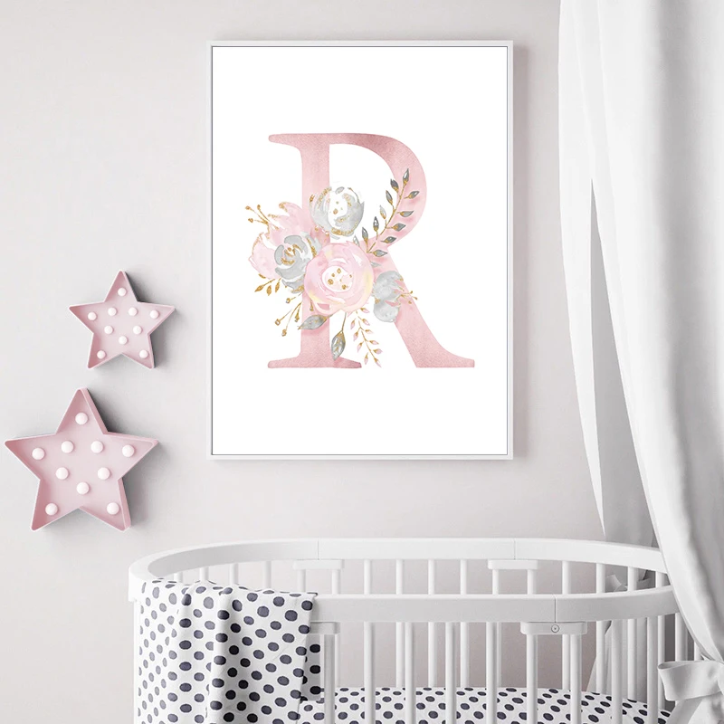 Baby-Girl-Pink-Flowers-Canvas-Poster-Nursery-Wall-Art-Print-Modern-Letters-Painting-Wall-Pictures-Nordic