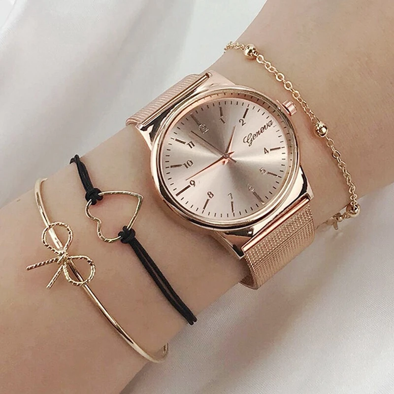 Relojes de pulsera de lujo para mujer, pulsera femenina de acero milanés,  reloj de cuarzo de oro rosa, 4 piezas, nuevo|Relojes de mujer| - AliExpress