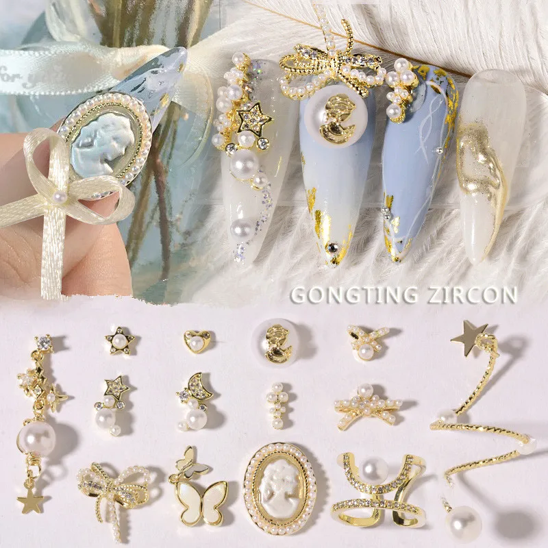 

New manicure jewelry diamond beauty head palace style nail ring decoration metal bow pearl zircon bracelet Nail decoration